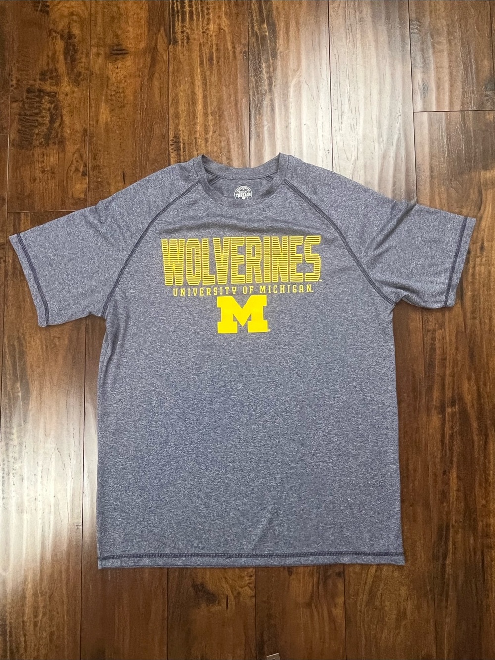 Michigan Wolverines Raised Logo Polyester Gray T-Shirt Men’s Size Medium.